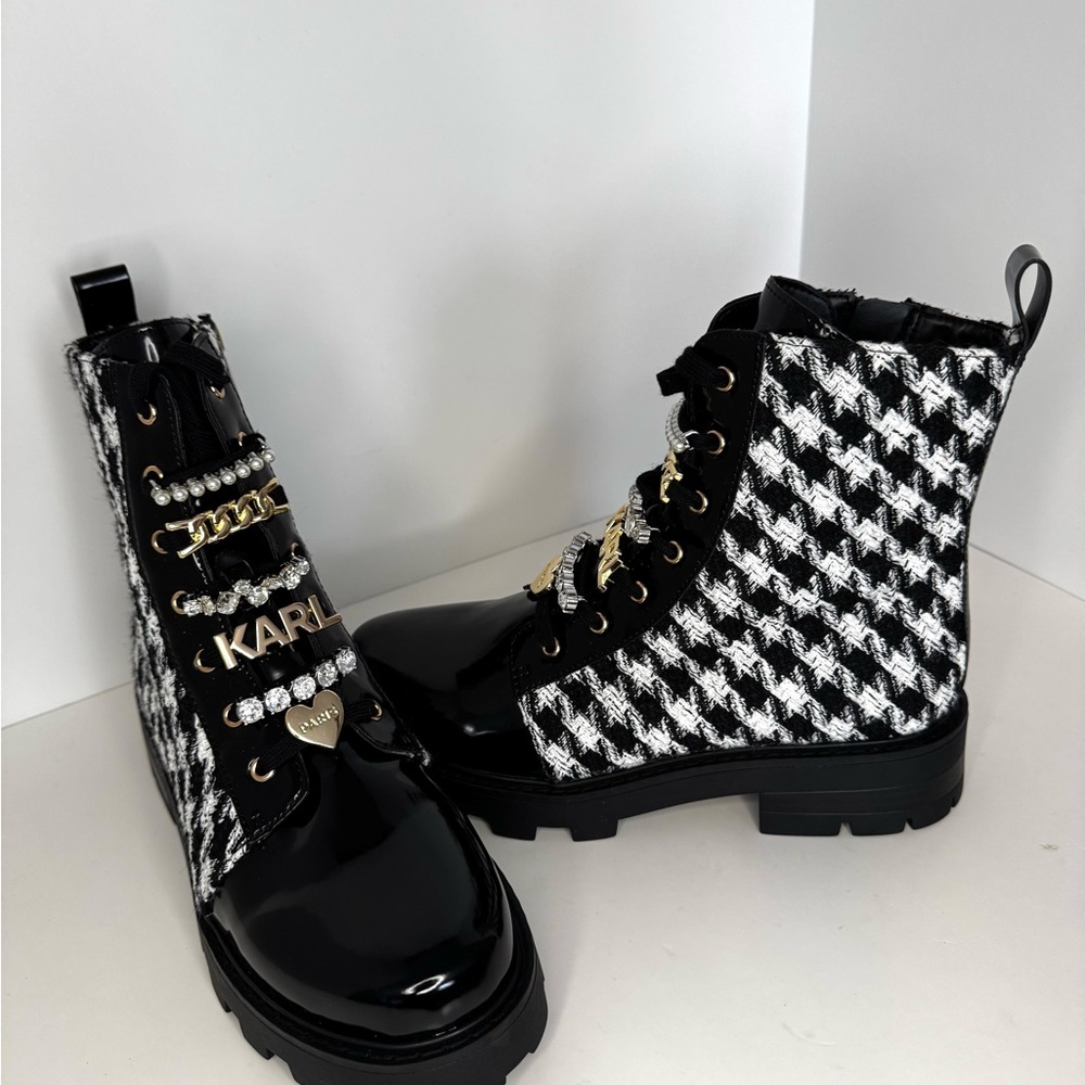 New Karl Lagerfeld Mela Tweed Black/White Combat Boots - Picture 7 of 12